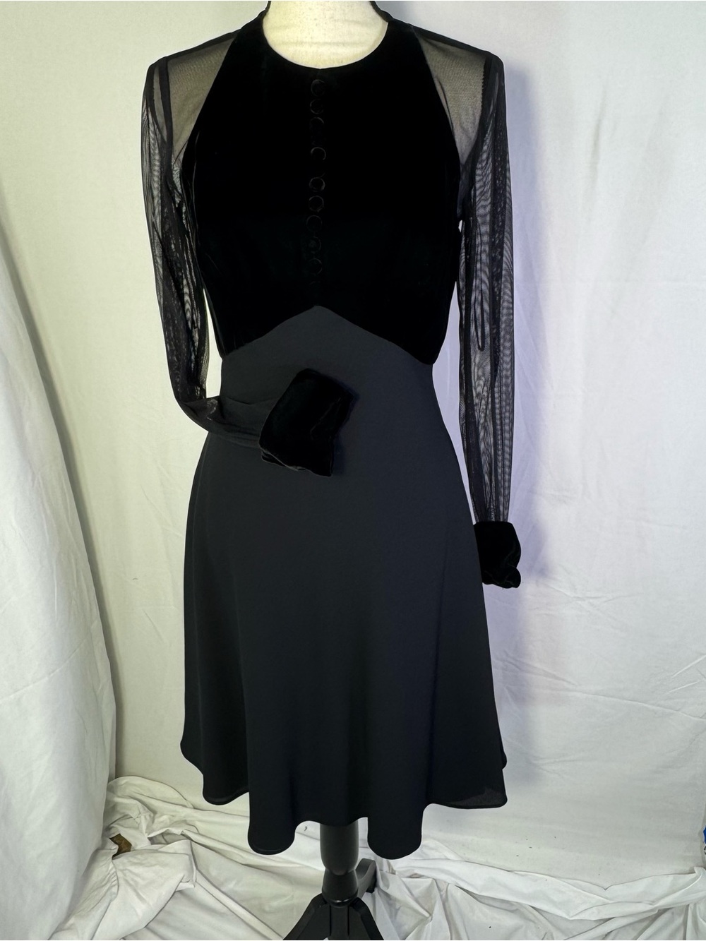 Vintage Rimini Black Sheer Sleeve Dress Size 8 Goth Chic Midi A-Line